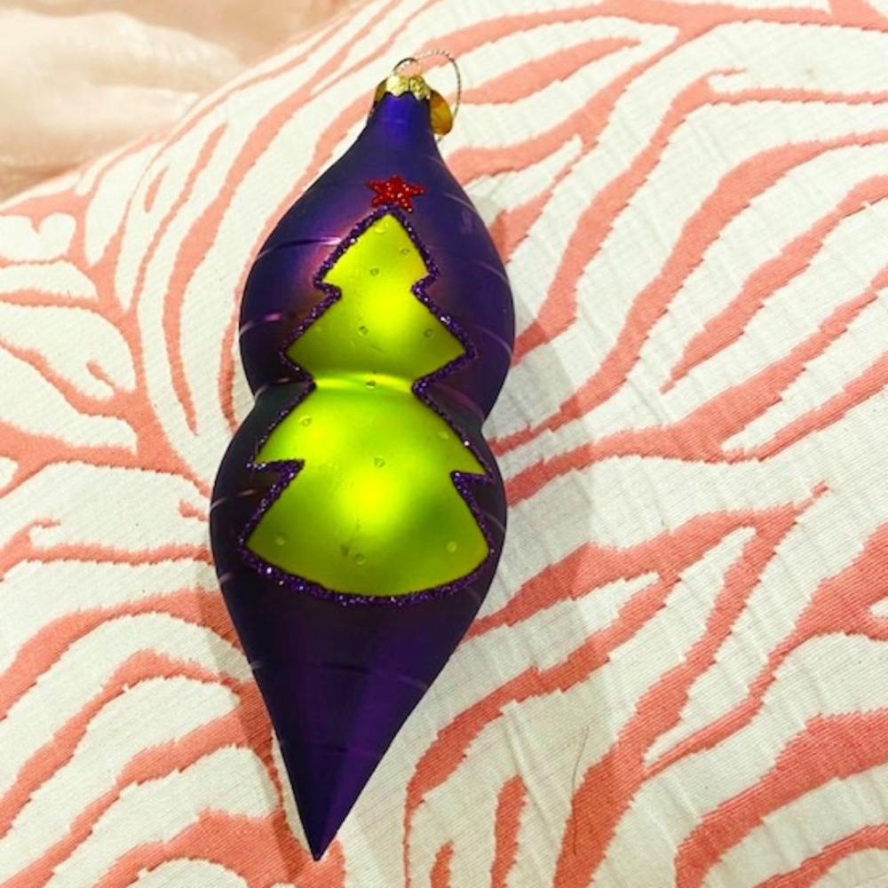 D18-Seasons of Cannon Falls Glass Purple Ornament & Lime Green Christmas Tree